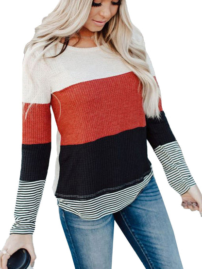 Fashionable Striped Colorblock Top with Long Sleeves