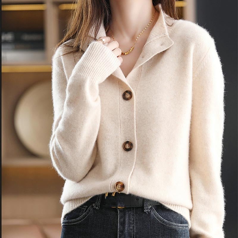 Women's Cardigan Sweater Stand Collar Knit Acrylic Button Knitted Fall Winter Outdoor Home Daily Stylish Basic Casual Long Sleeve Pure Color Camel Brown Beige One-Size S M