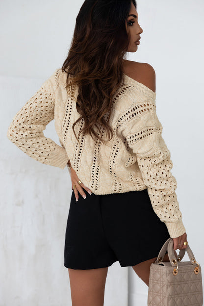 Khaki Cable Knit Drop Shoulder Sweater with Eyelets