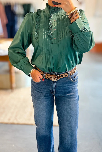 Evergreen Frilled Neckline Pintucked Half Placket Cuffed Blouse Top