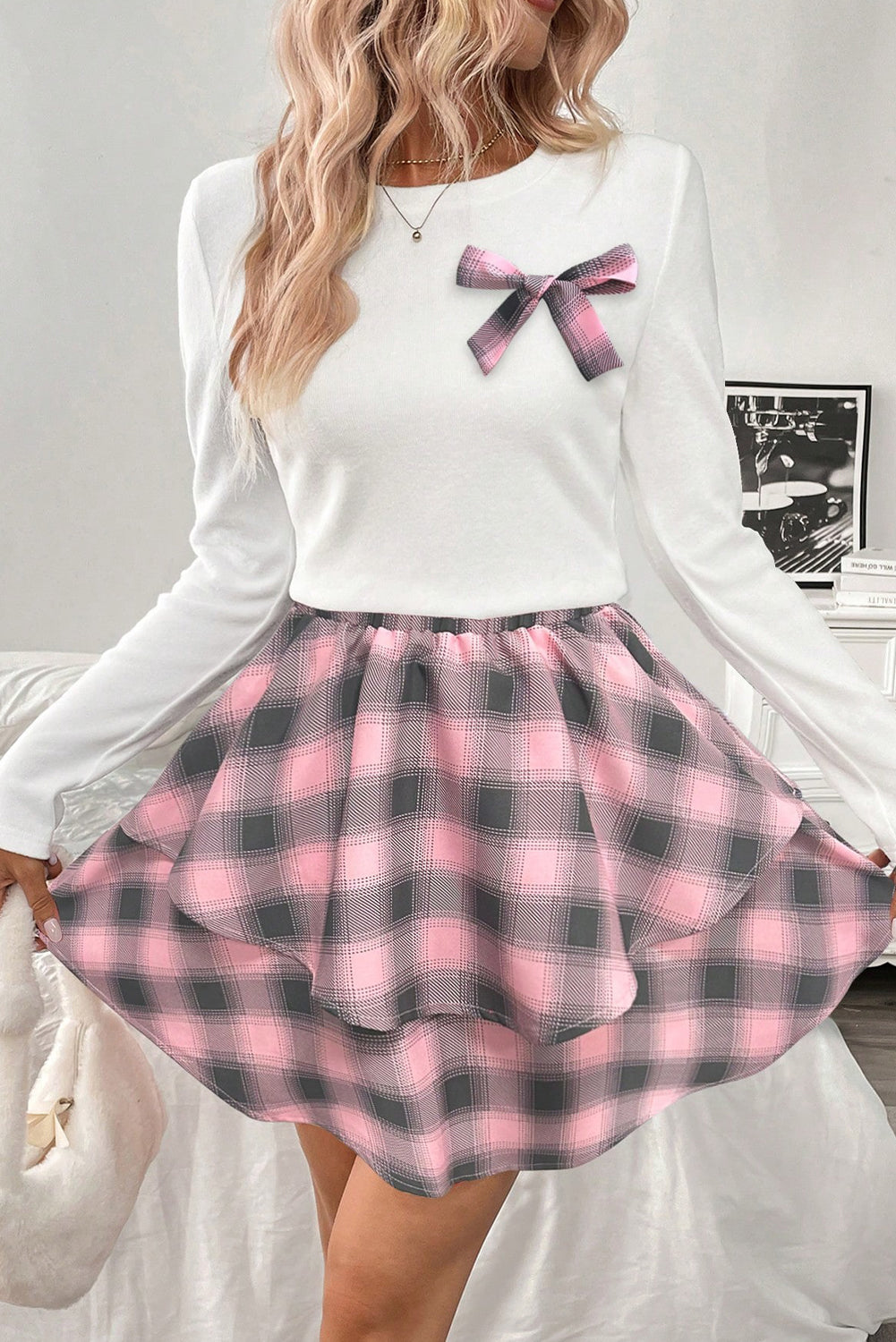 Pink Long Sleeve Tee Plaid Bow Decor Ruffle Mini Skirt 2pcs Set
