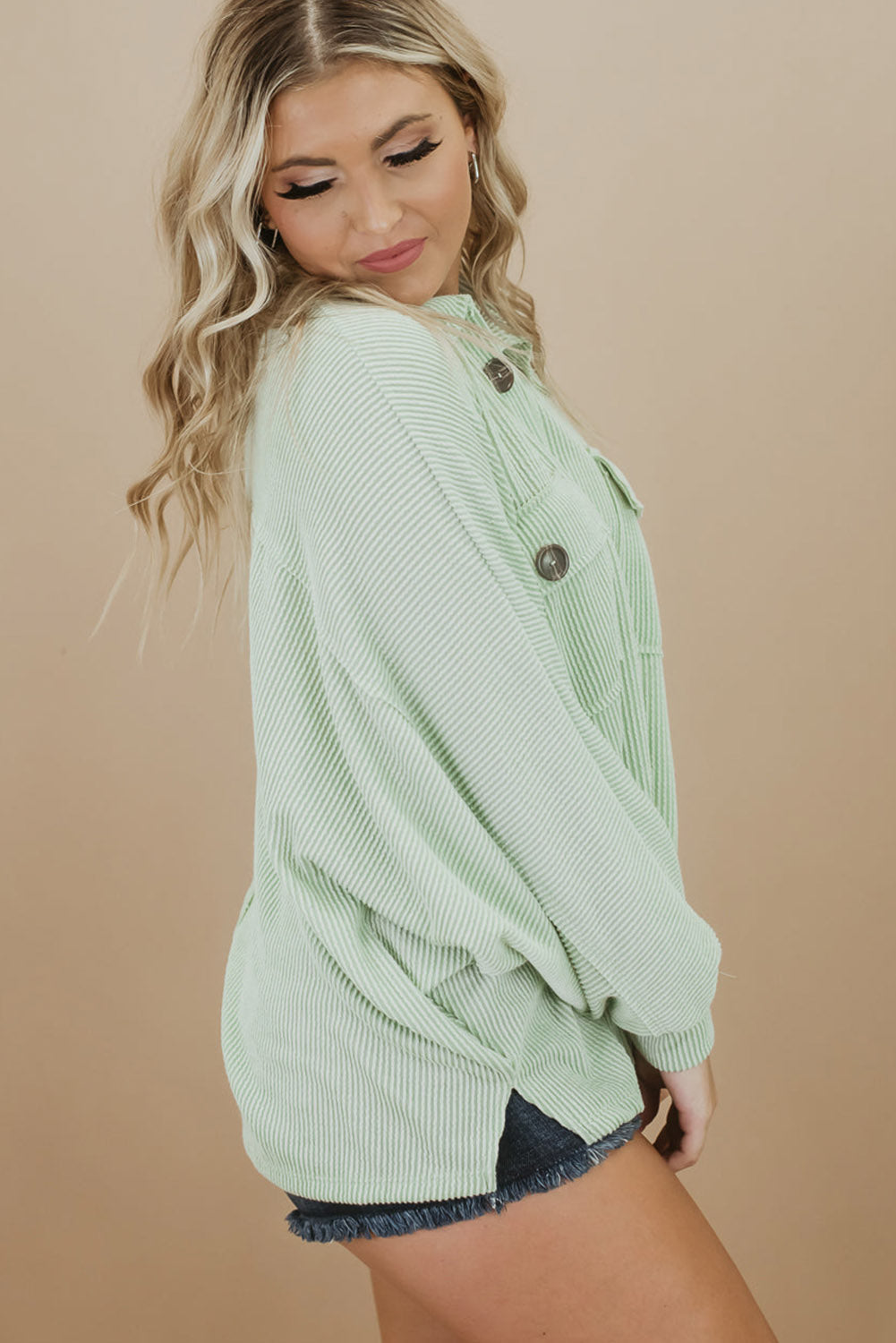 Sage Oversized Ribbed Henley Top with Pockets