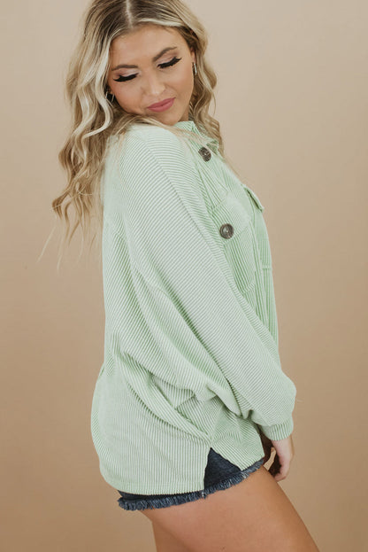 Sage Oversized Ribbed Henley Top with Pockets