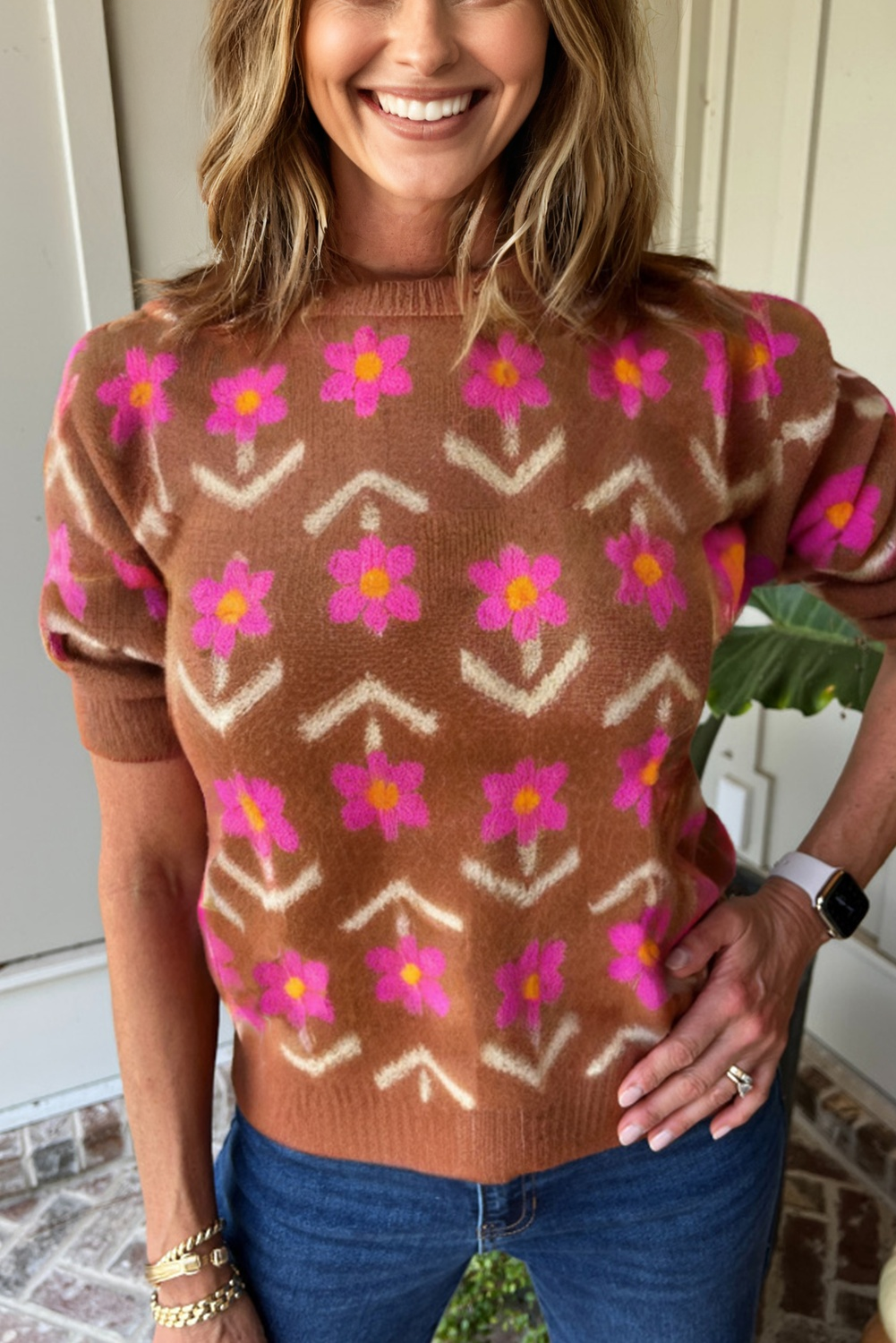 brown floral sweater
