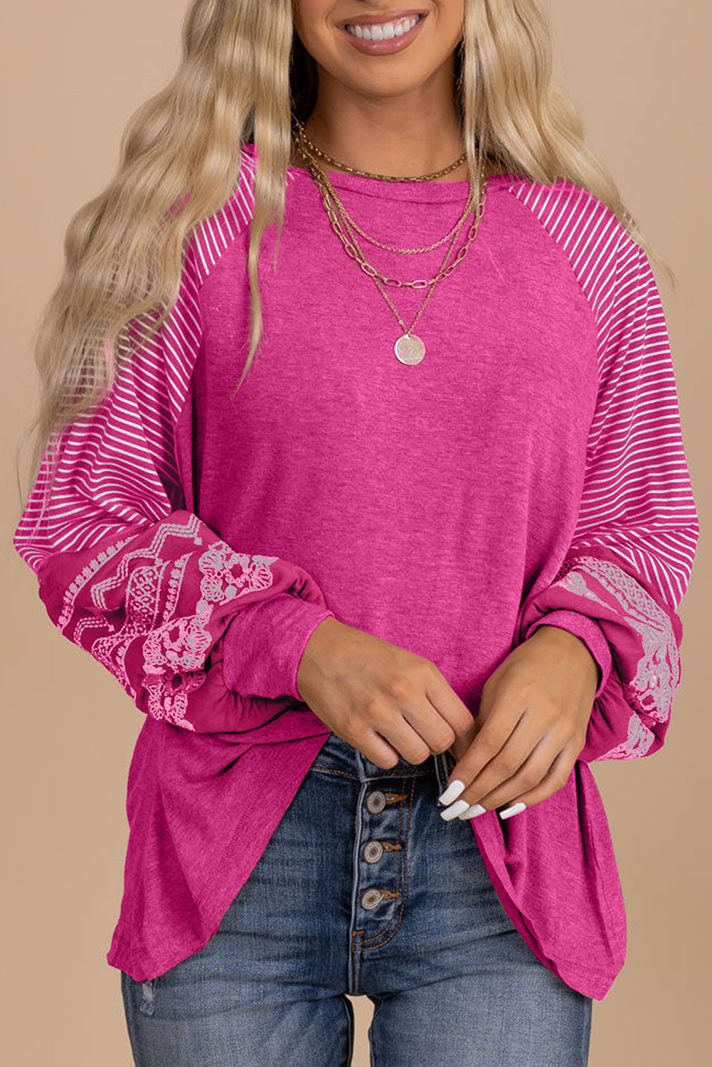 Rose Red Contrast Print Striped Raglan Long Sleeve Loose Top