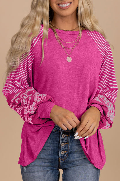 Rose Red Contrast Print Striped Raglan Long Sleeve Loose Top