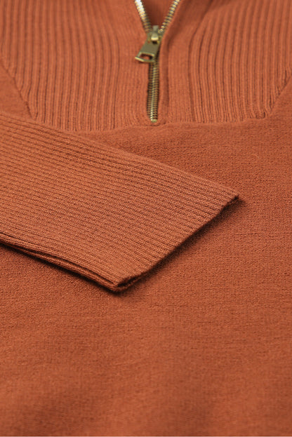 Cozy Brown Zip-Up Collar Plus Size Sweater with Ribbed Detail