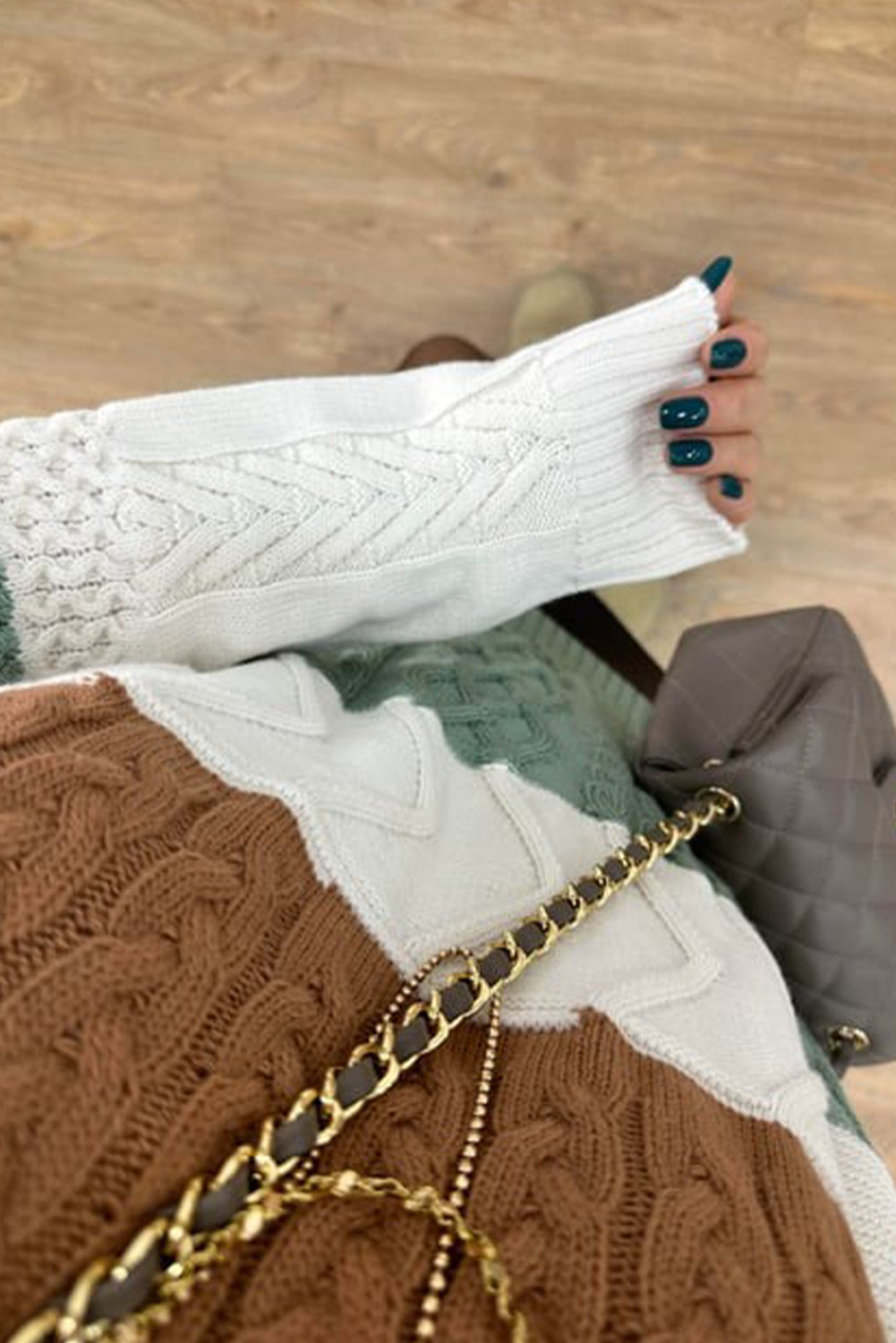 Green Cable Mix Texture Color Block Knit Baggy Sweater