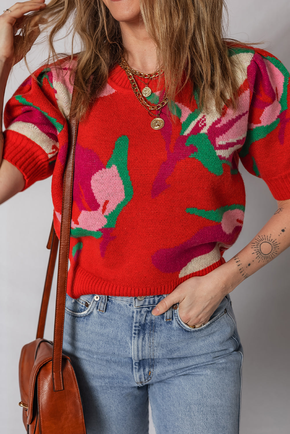 Red Floral Abstract Print Short Puff Sleeve Sweater