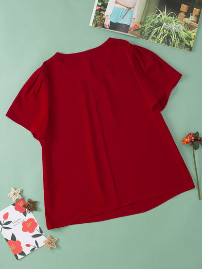 Red Dahlia Keyhole Pleated Crew Neck Plus Size T Shirt