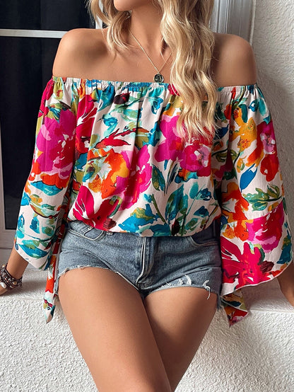 Floral Fantasy Off Shoulder Bell Sleeve Top