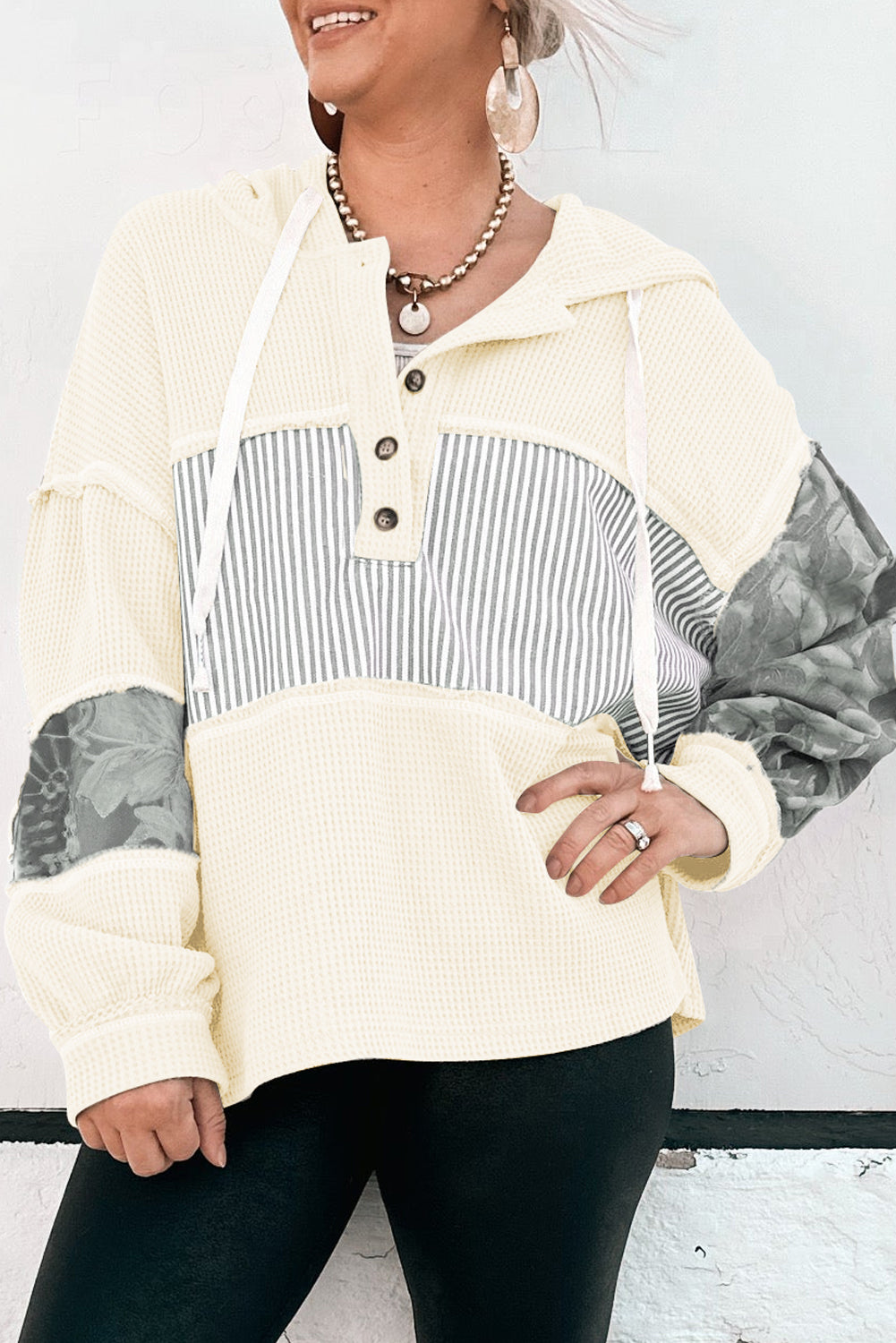 White Waffle Printed Patchwork Drawstring Hooded Long Sleeve Top