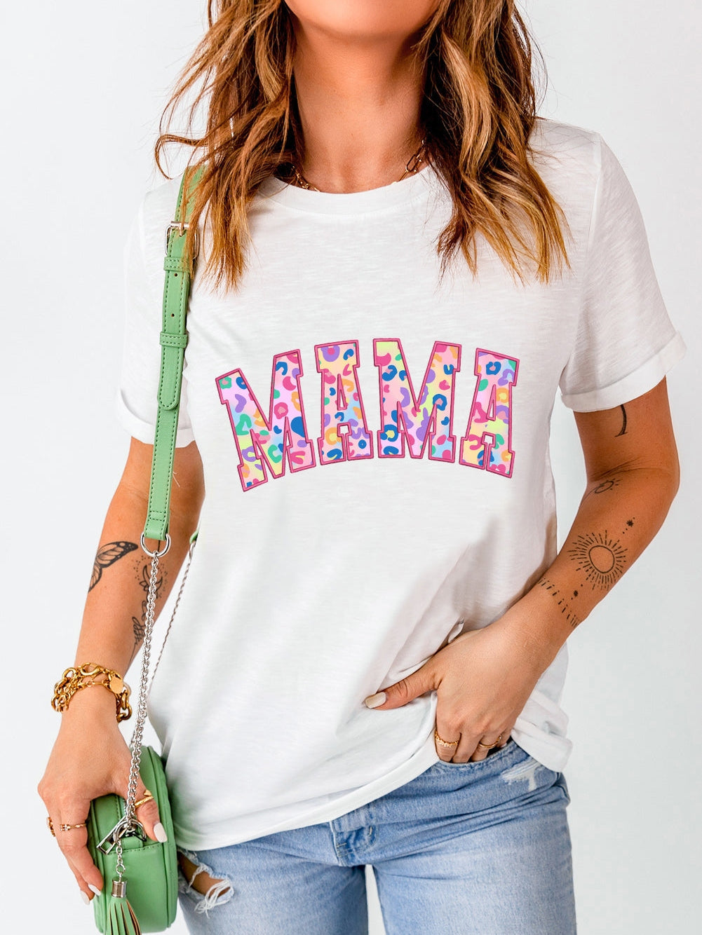 Leopard Embroidered White MAMA Graphic Tee