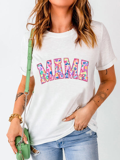 Leopard Embroidered White MAMA Graphic Tee