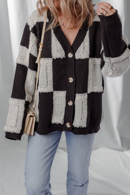Black Button Front V Neck Checkered Pattern Knit Sweater Cardigan