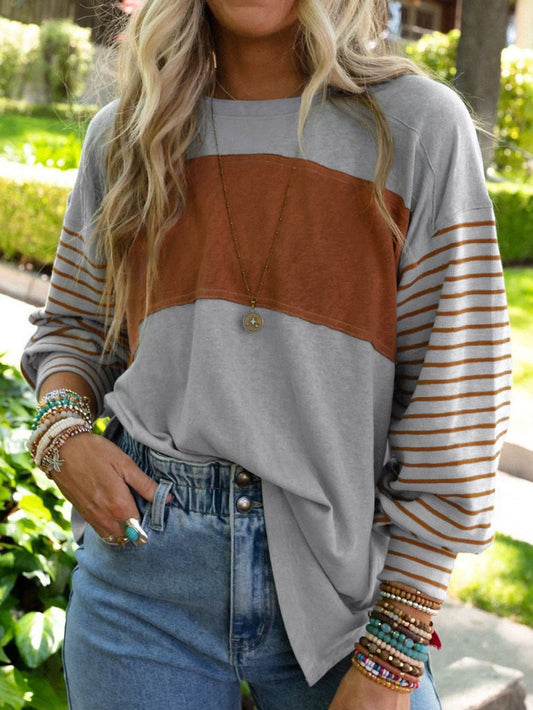 Elegant Grey Striped Bishop Sleeve Top