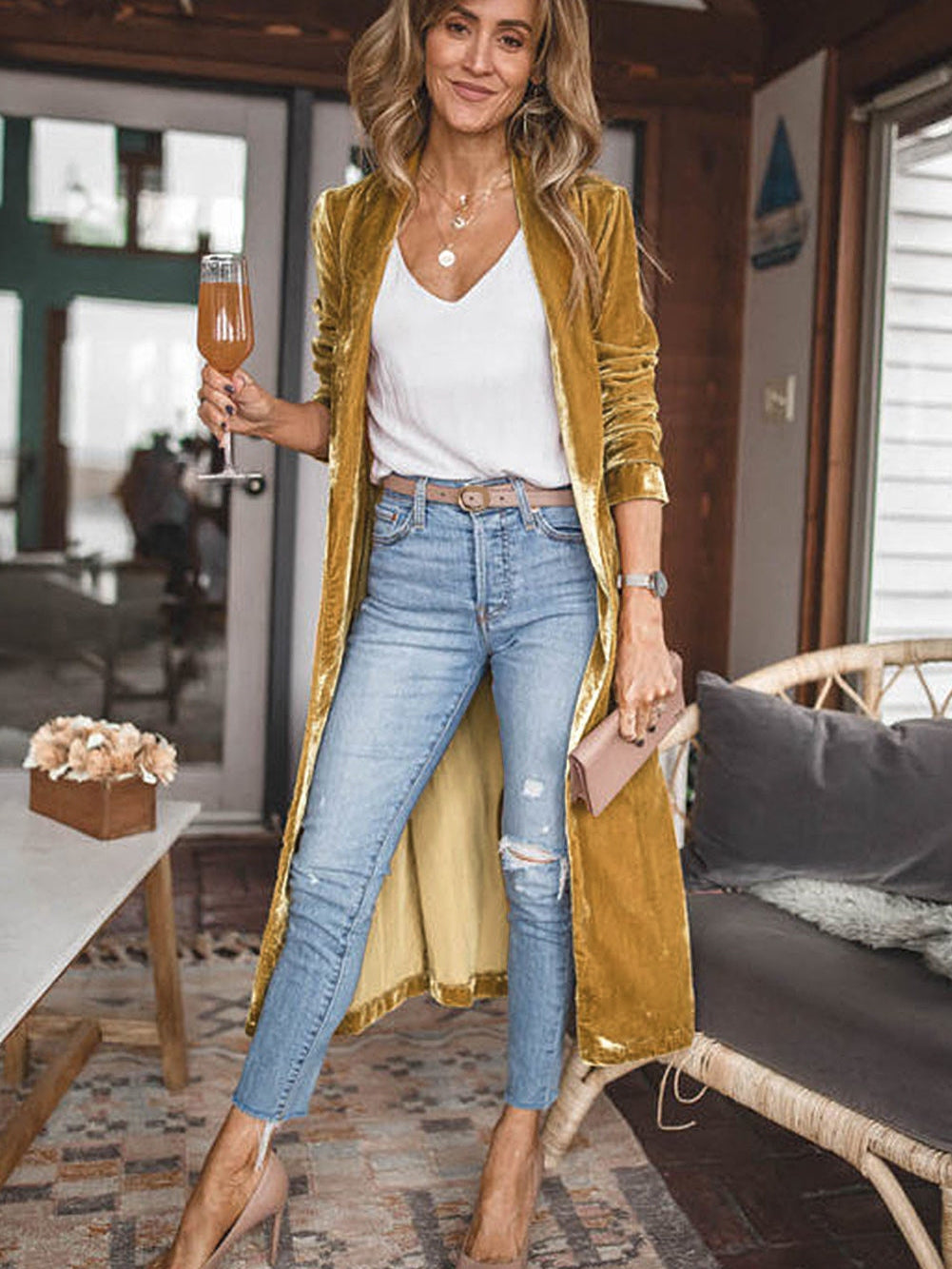 Golden Mustard Plush Open Front Pocketed Maxi Cardigan