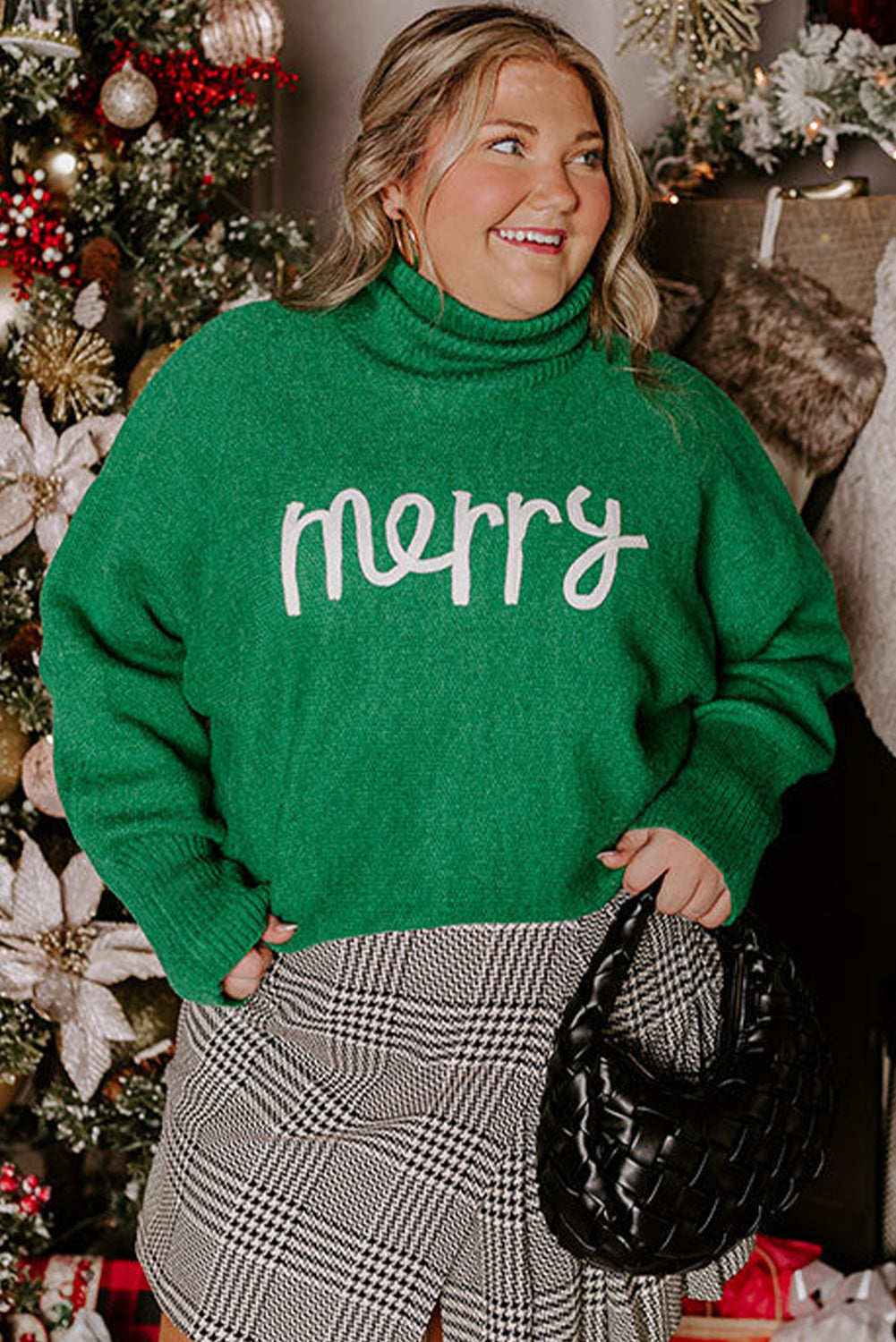 Dark Green Ribbed Turtleneck merry Letter Print Plus Size Sweater