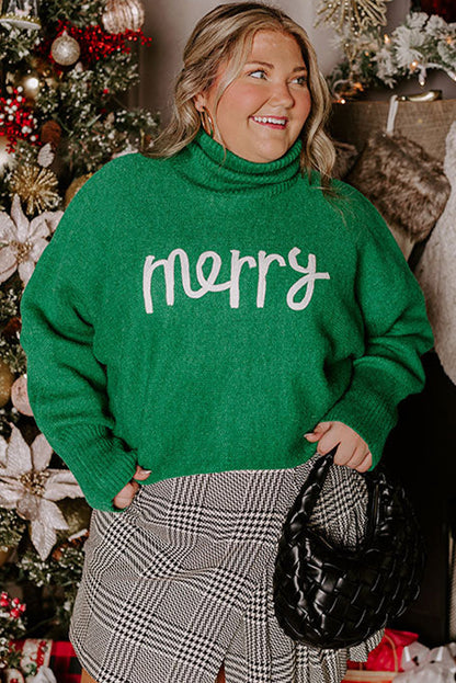 Dark Green Ribbed Turtleneck merry Letter Print Plus Size Sweater
