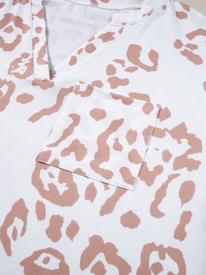 White Leopard Print V Neck Short Sleeve Plus Size Top