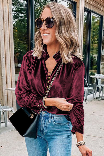 Frilled Burgundy Velvet Top with Buttoned Neck