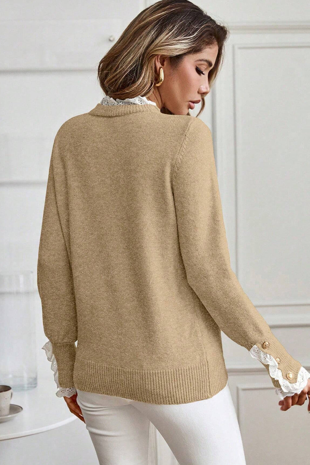 Light French Beige Lace Trim Patchwork Buttoned Cuffs Loose Sweater