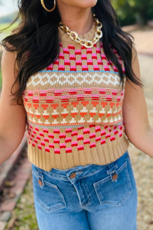 Khaki Playful Geometry Knit Slim Sweater Tank Top