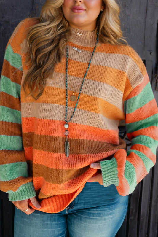 Orange Stripe Color Block Patchwork Sleeve Mock Neck Plus Size Sweater