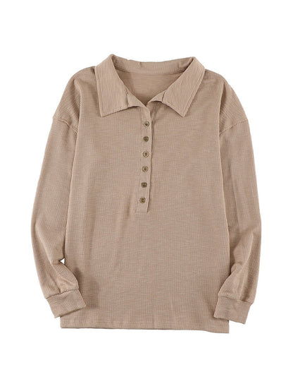 Elegant Khaki Knit Top with Chic Turn-down Neck