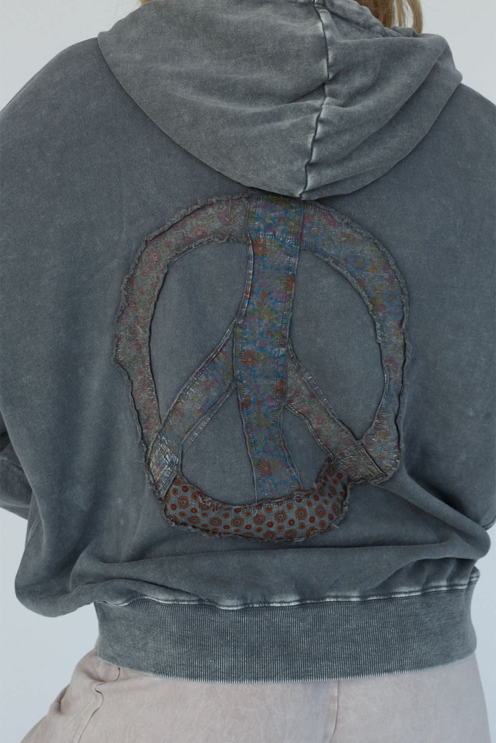 Dark Grey Mineral Wash Button Drawstring Neck Hooded Sweatshirt