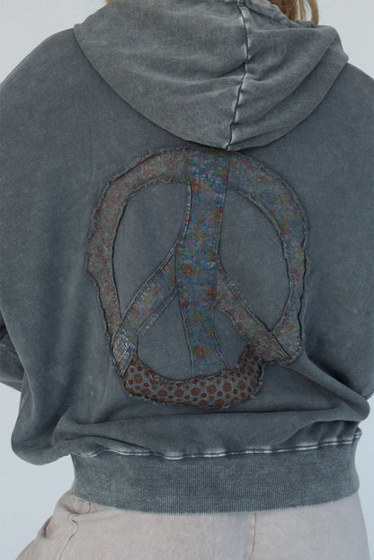 Dark Grey Mineral Wash Button Drawstring Neck Hooded Sweatshirt
