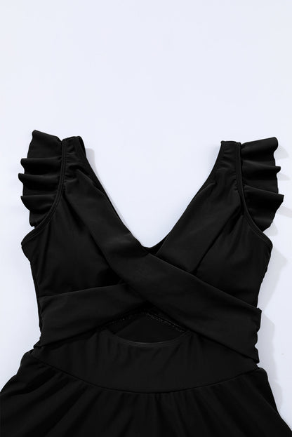 Sleek Black Crossed Cutout One Piece Swimsuit Dress