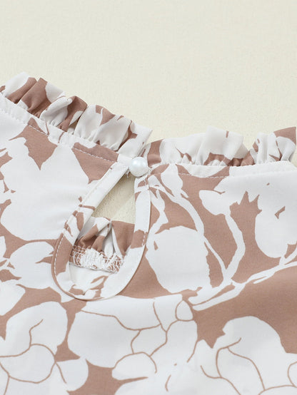 French Beige Floral Print Ruffle Neckline Flounce Sleeve Top