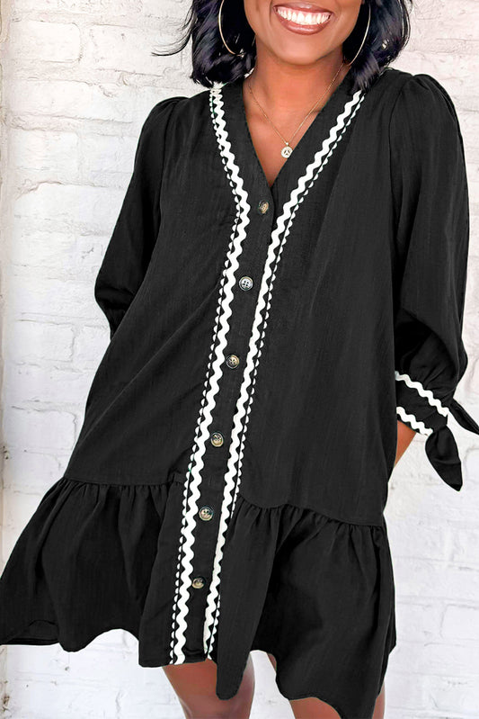 Black Contrast Ricrac Trim Button V Neck Knotted Bracelet Sleeve Shift Dress