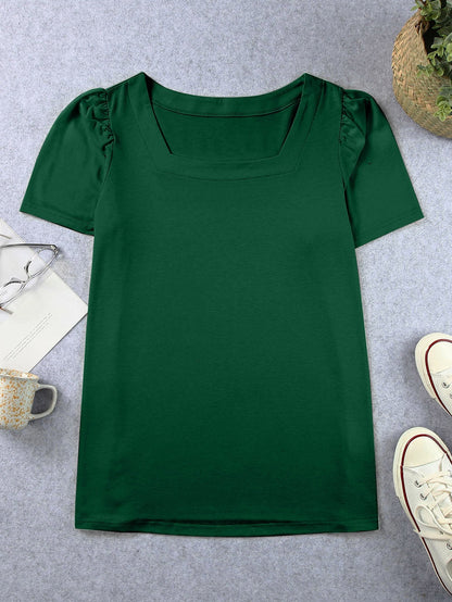 Ruched Shoulder Green Square Neck Plus Size Top