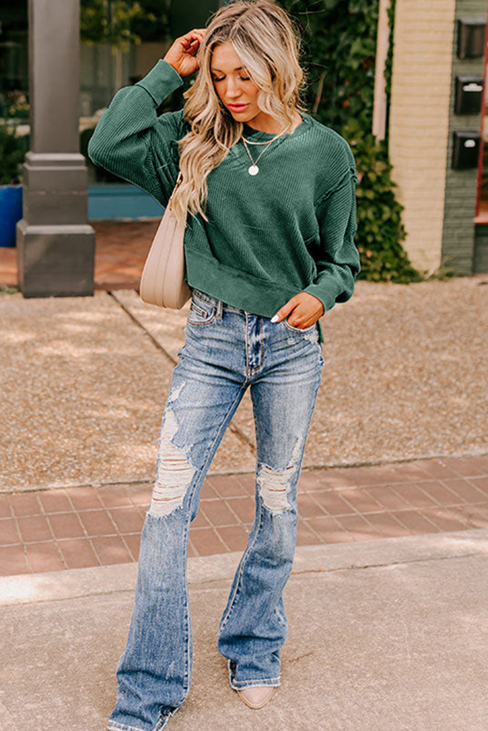 Evergreen Solid Color Raw Seam Patchwork Ribbed Drop Shoulder Sweatshirt