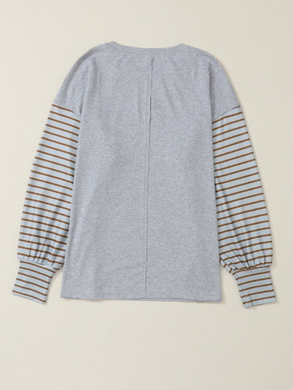 Elegant Grey Striped Bishop Sleeve Top