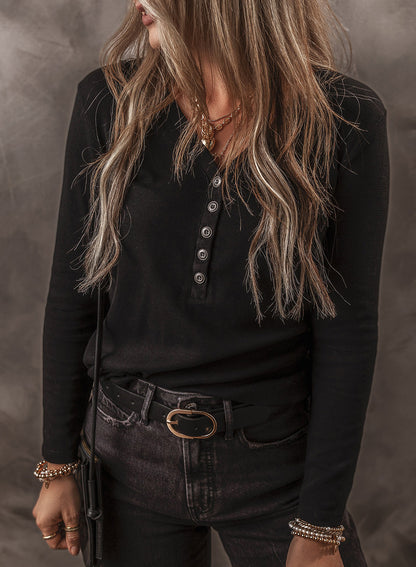 Elegant Black Ribbed V-Neck Top with Button Detail