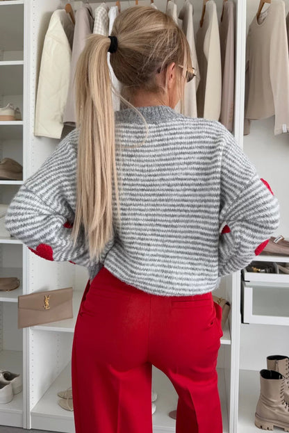 Gray Stripe Contrast Heart Pattern Brushed Knit Sweater