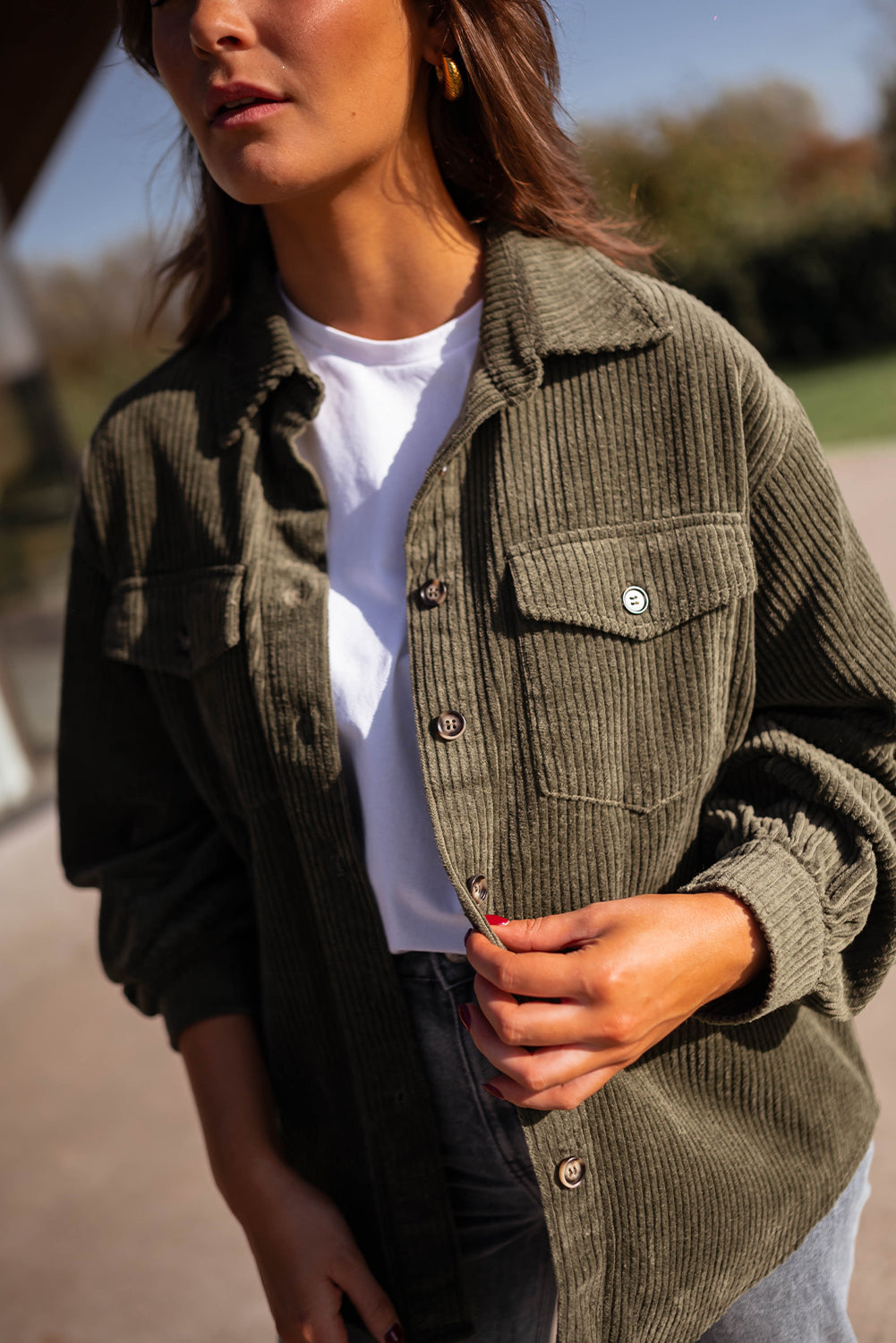 Moss Green Solid Color Button Flap Pocket Corduroy Shacket