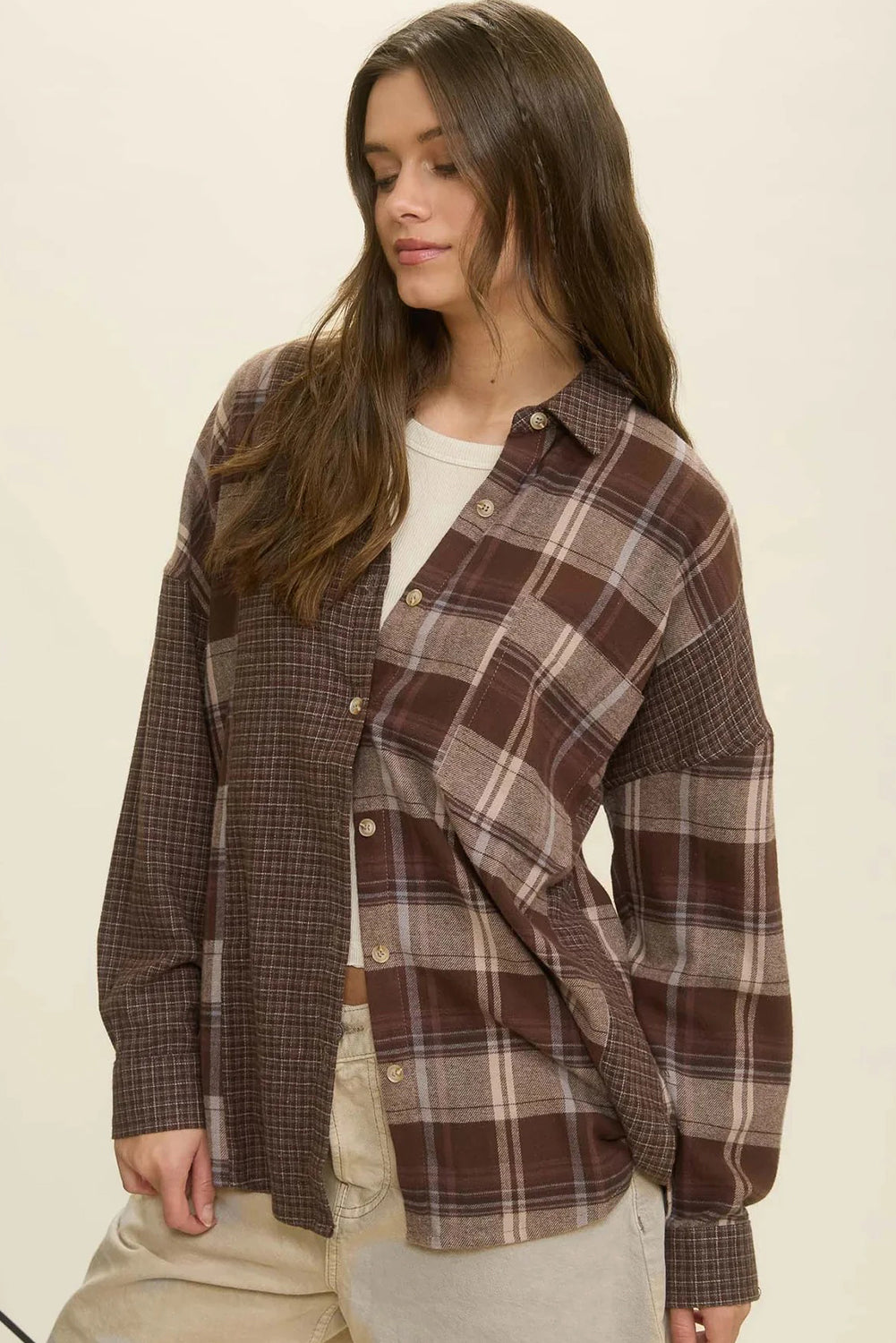 Brown Retro Plaid Patchwork Oversize Shirt