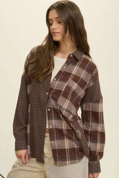 Brown Retro Plaid Patchwork Oversize Shirt