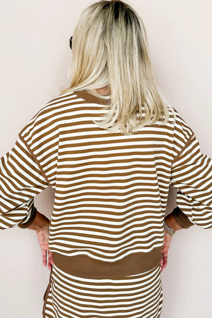 Brown Stripe Textured Drop Shoulder Pullover Top Drawstring Mini Skirt Two Piece Dress Set