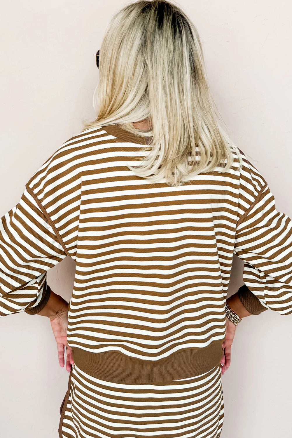 Brown Stripe Textured Drop Shoulder Pullover Top Drawstring Mini Skirt Two Piece Dress Set