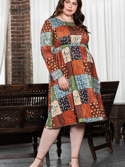 Green Printed Multicolor Western Checkered Plus Size Swing Dress