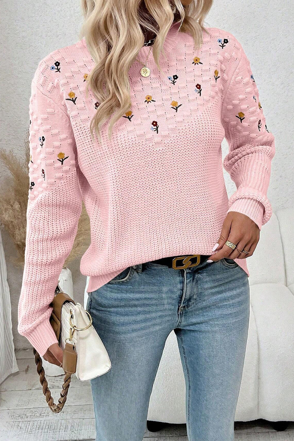 Light Pink Mixed Texture Knit Flower Embroidered Detail Casual Sweater