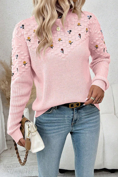 Light Pink Mixed Texture Knit Flower Embroidered Detail Casual Sweater
