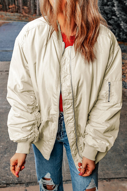 Apricot Zip-Up Puffer Jacket with Side Pockets