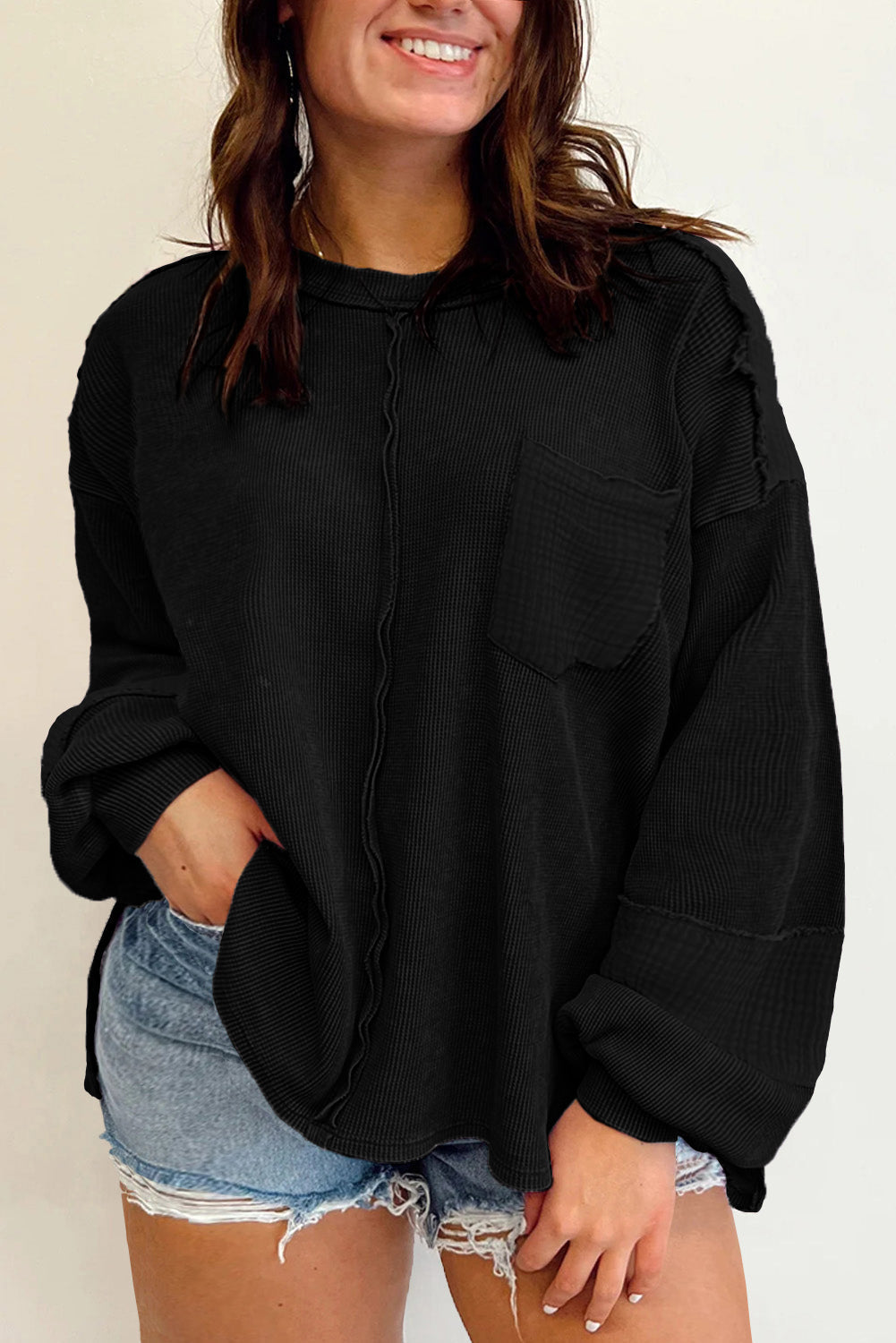 Retro Black Crinkle Patch Plus Size Top