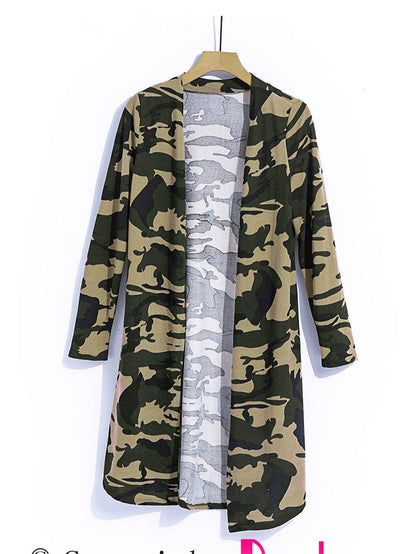 Green Camo Print V-Neck Cardigan